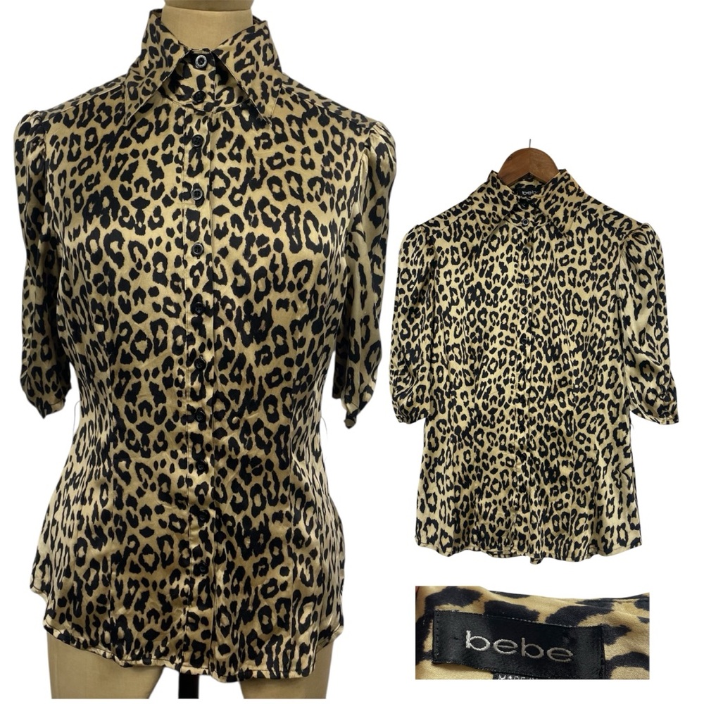 Y2K BeBe Leopard Print Silk Blouse SM Tan Glam Rock Mobwife Collar Edgy